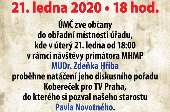 V pražských Řeporyjích se 21. ledna uskuteční setkání s primátorem Zdenkem Hřibem.